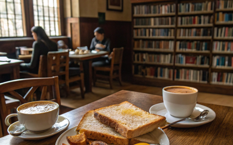 Frühstückstisch mit Kaffe und Spiegeleiern im Hintergrund Regale und Büchereinutzer